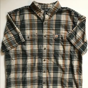 Carhartt Shirt Mens XL Blue Brown Plaid Short Sleeve Button Down Cotton Outdoor